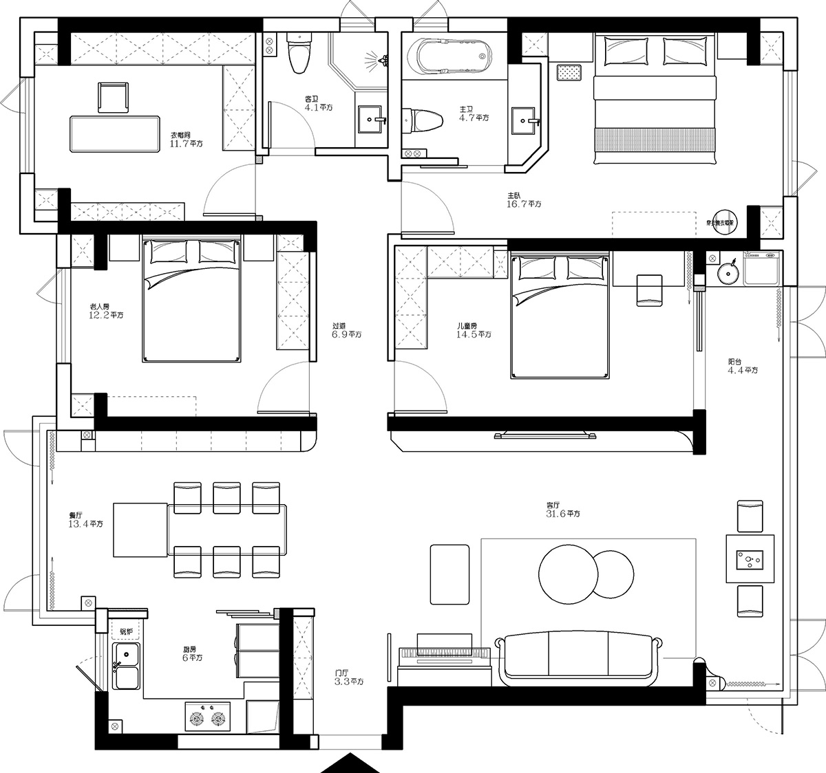 中建大公館160㎡新裝飾主義三居室 裝修案例效果圖-8